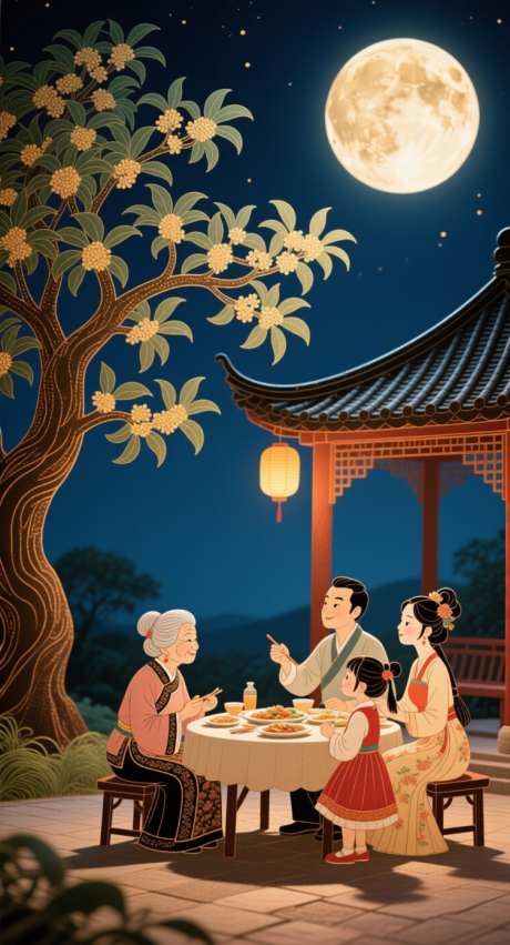 中秋节在树下吃饭的一家人_AI图片下载_采样_752X1392像素-桂花树,月亮,家庭-作品编号:2025091511082276-志˒设,网