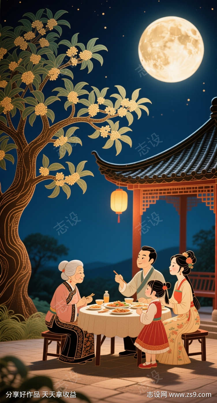 中秋节在树下吃饭的一家人