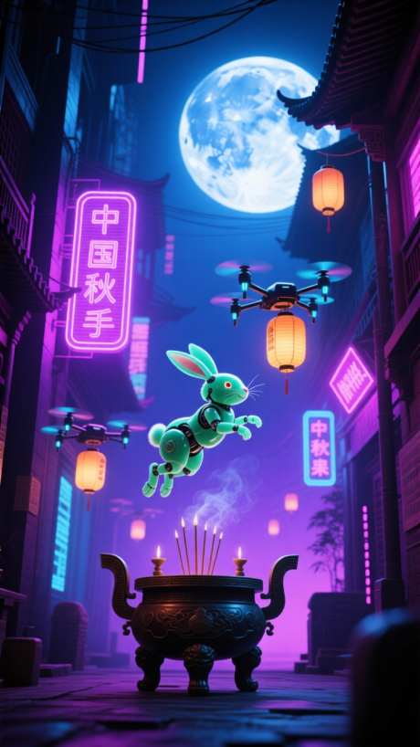 中秋节时空交融_AI图片下载_dpmpp_2m采样_720X1280像素-未来,圆月,玉兔-作品编号:2025091513081871-志,设ˇ网