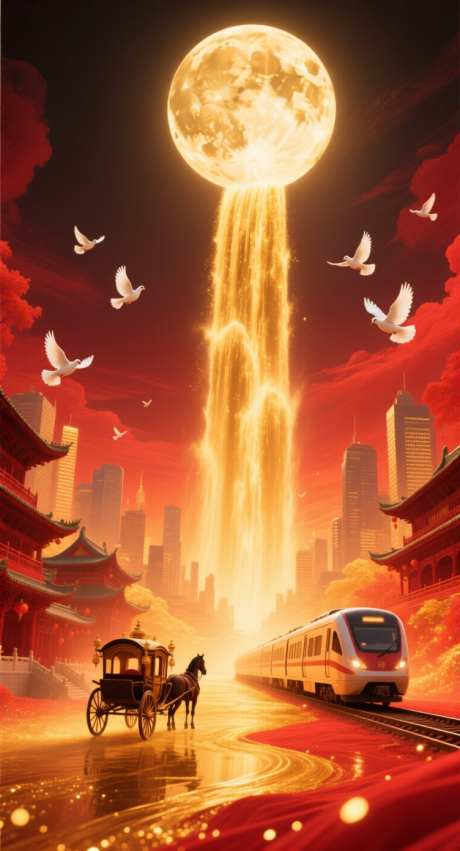 时代的碰撞_AI图片下载_采样_752X1392像素-中秋节,国庆,马车-作品编号:2025091513588913-志ˇ设˱网