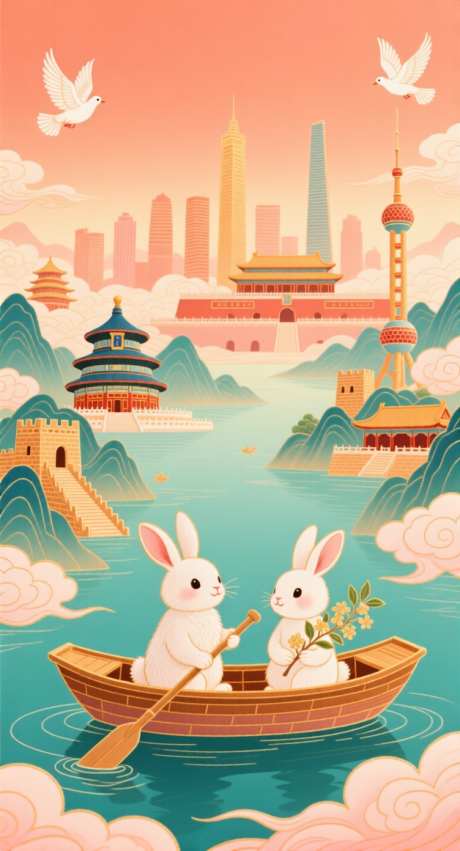 两只兔子在划船_AI图片下载_采样_752X1392像素-鸽子,长城,祈年殿-作品编号:2025091515326438-志`设͵网