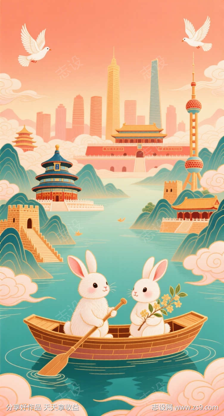 两只兔子在划船