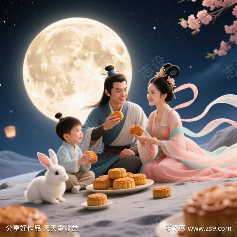 中秋节嫦娥后羿一家团圆吃月饼