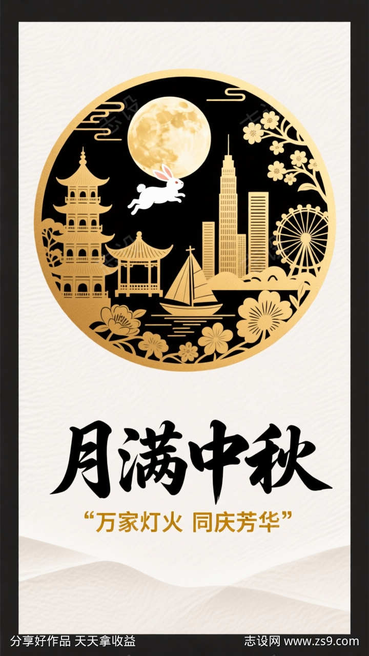 国潮剪纸风中秋节日插画海报