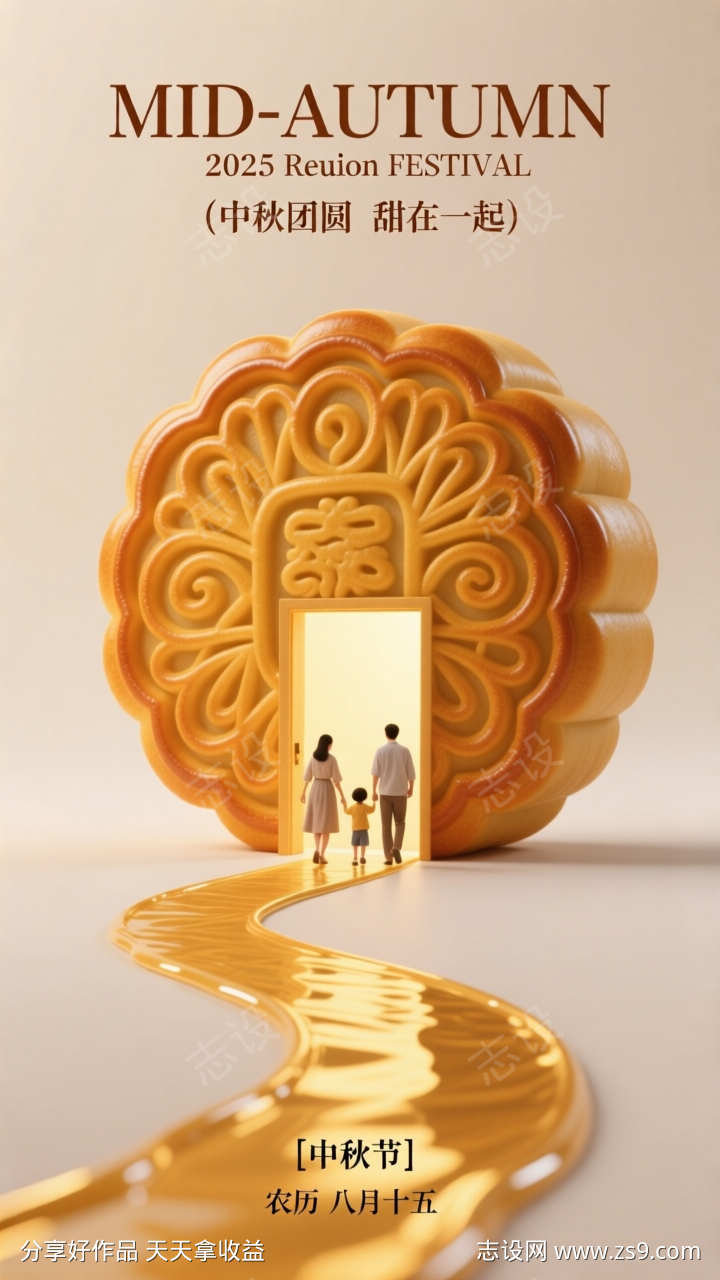 简约中秋节团圆插画海报背景