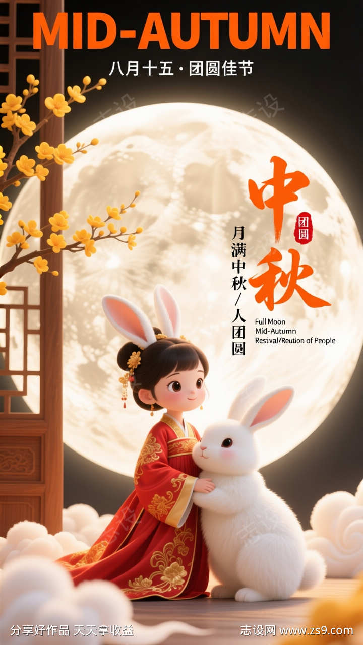 国潮卡通中秋节节日插画海报背景