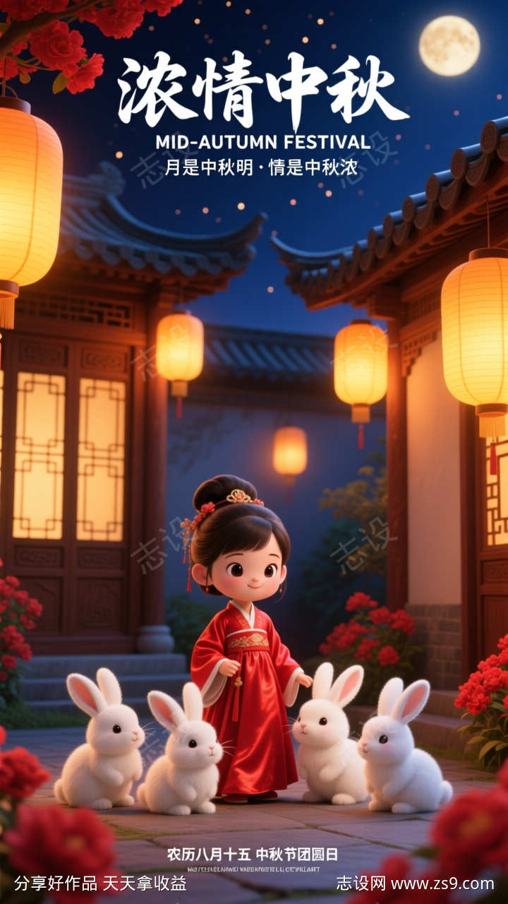 3D卡通国潮风中秋节插画海报