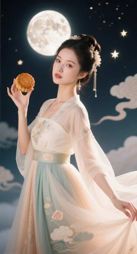 手拿月饼的美女_AI图片下载_采样_752X1392像素-星星,月亮,月饼-作品编号:2025091610289199-志,设˜网
