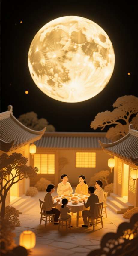 圆月下的团聚纸雕_AI图片下载_采样_752X1392像素-家人,纸雕,中秋节-作品编号:2025091611186578-志·设‘网