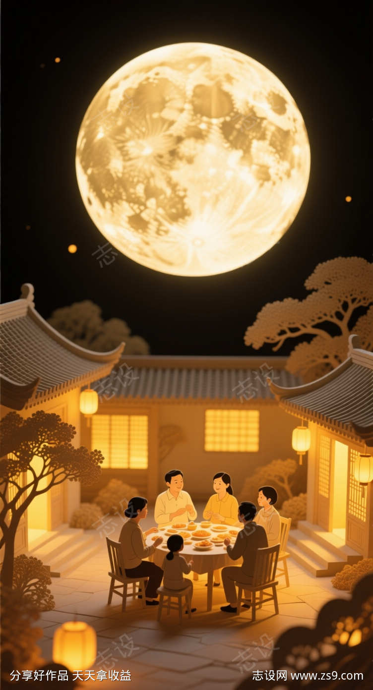 圆月下的团聚纸雕