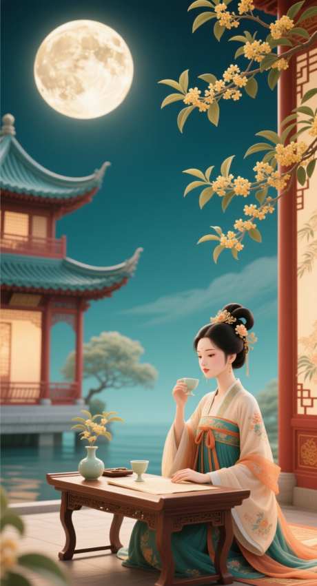 中秋节插画_AI图片下载_采样_752X1392像素-插画,月亮,桂花-作品编号:2025091615489792-志˰设’网