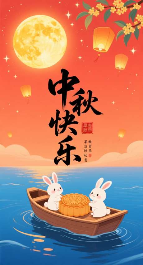 创意中秋海报_AI图片下载_采样_752X1392像素-月饼,船,孔明灯-作品编号:2025091711189954-志′设˙网