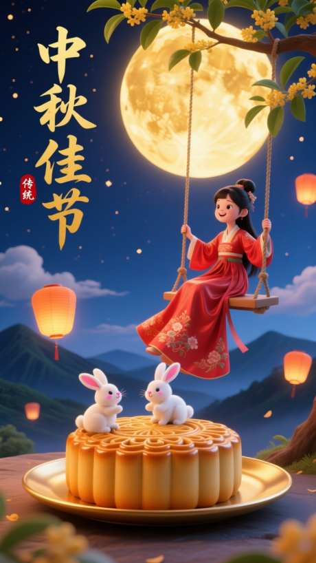 3D中秋佳节写实插画_AI图片下载_euler采样_720X1280像素-嫦娥,月亮,写实-作品编号:2025091711218524-志˓设`网