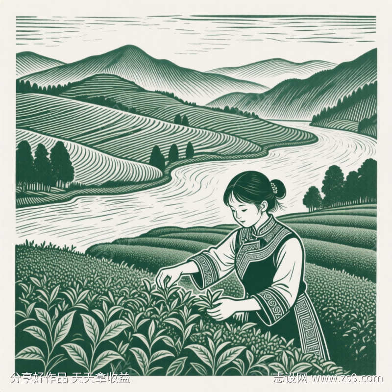 绿色线稿山水茶园手绘