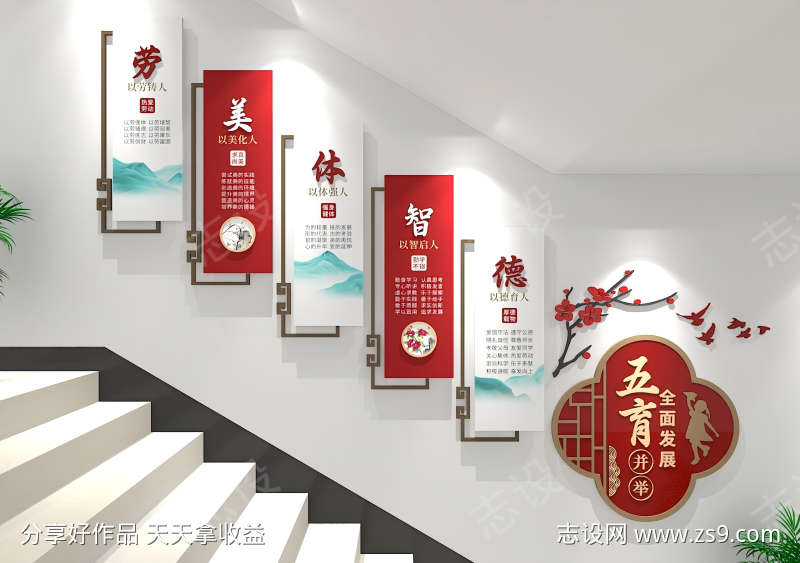 五育并举校园楼梯文化墙