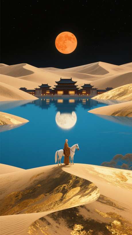 中秋沙漠西游_AI图片下载_采样_1152X2048像素-玄奘,白马,明月-作品编号:2025092018522570-志`设ˇ网