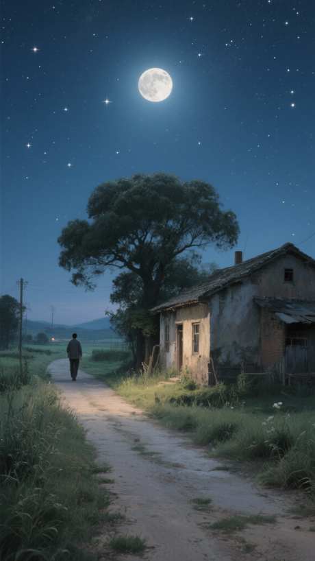 月亮大树村落_AI图片下载_采样_1152X2048像素-夜晚,安静,寂静-作品编号:2025092114449444-志,设‘网