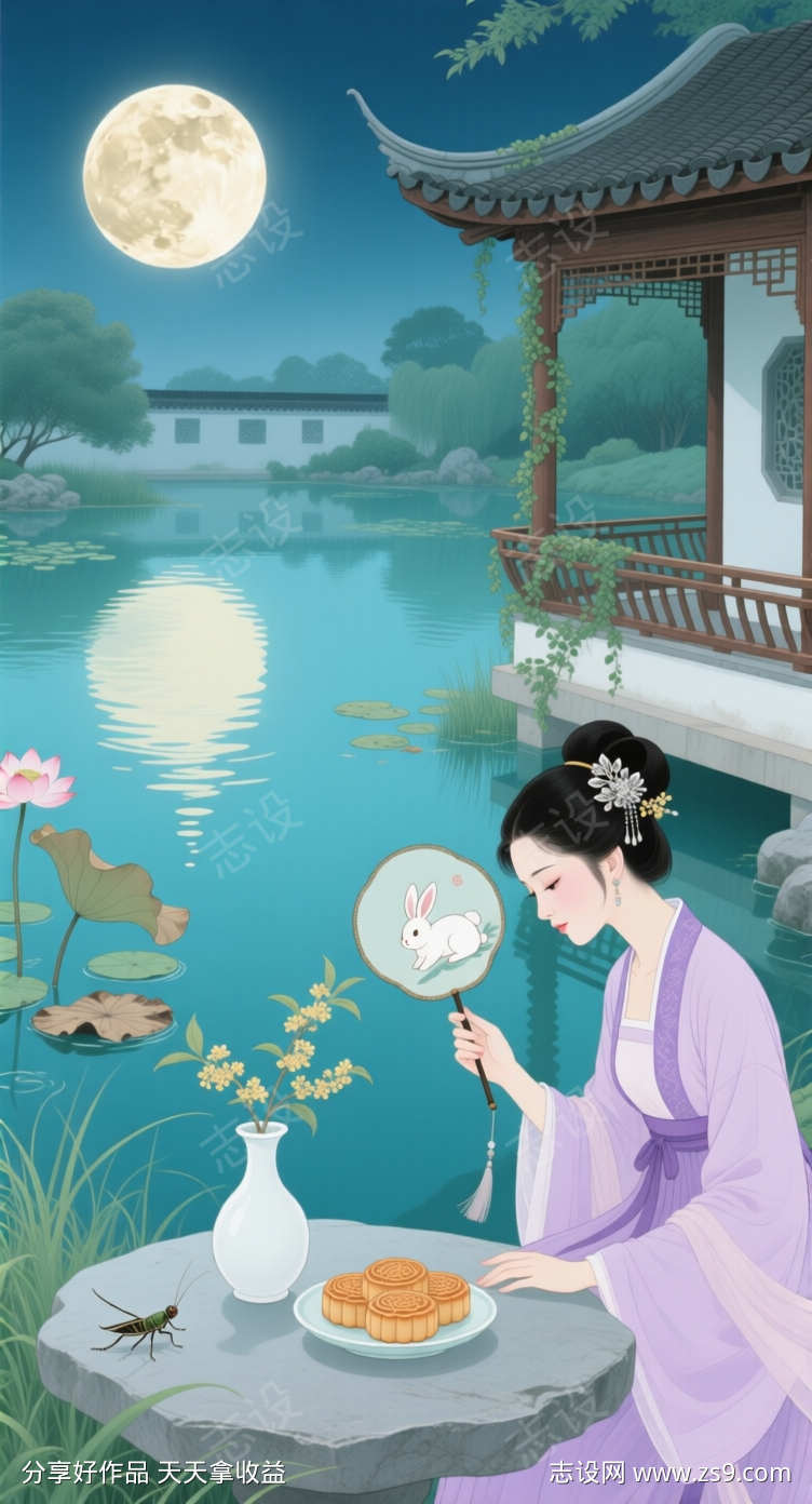 古风古典园林中秋赏月海报