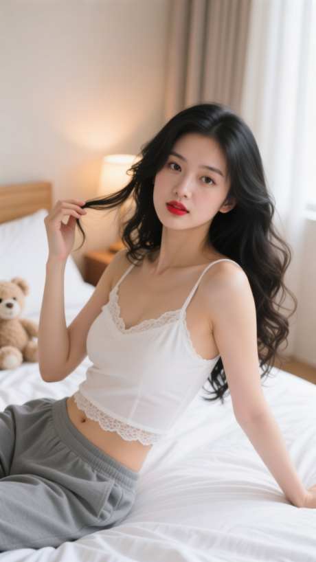 坐在床上波浪长发美女模特_AI图片下载_dpmpp_2m采样_720X1280像素-实拍,家居,可爱-作品编号:2025092208568225-志˙设‘网
