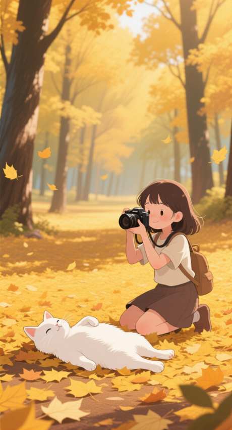 秋天女孩猫咪_AI图片下载_采样_752X1392像素-枫叶,阳光,猫咪-作品编号:2025092211533421-志˘设˘网