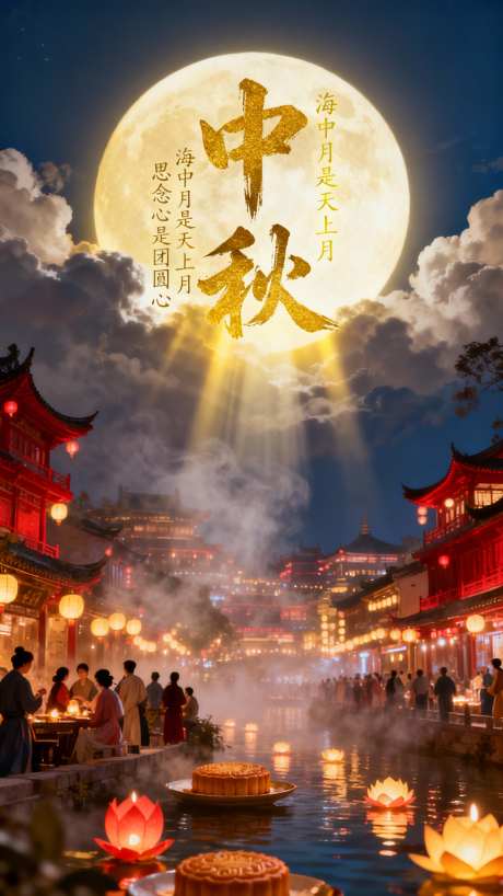 繁华中秋节_AI图片下载_euler采样_1440X2560像素-中国风,古风,街道-作品编号:2025092310407202-志˒设ˈ̹网