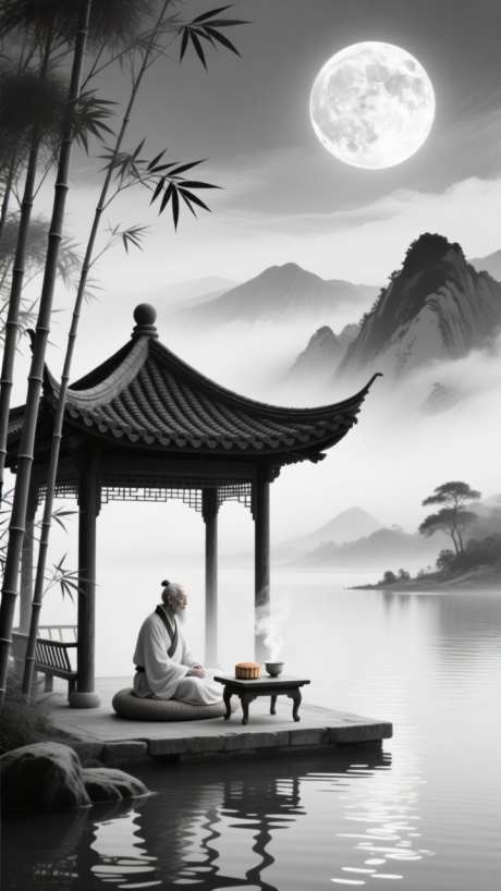 古风墨色中秋_AI图片下载_euler采样_720X1280像素-竹子,老人,中秋-作品编号:2025092310409004-志˓设˘网