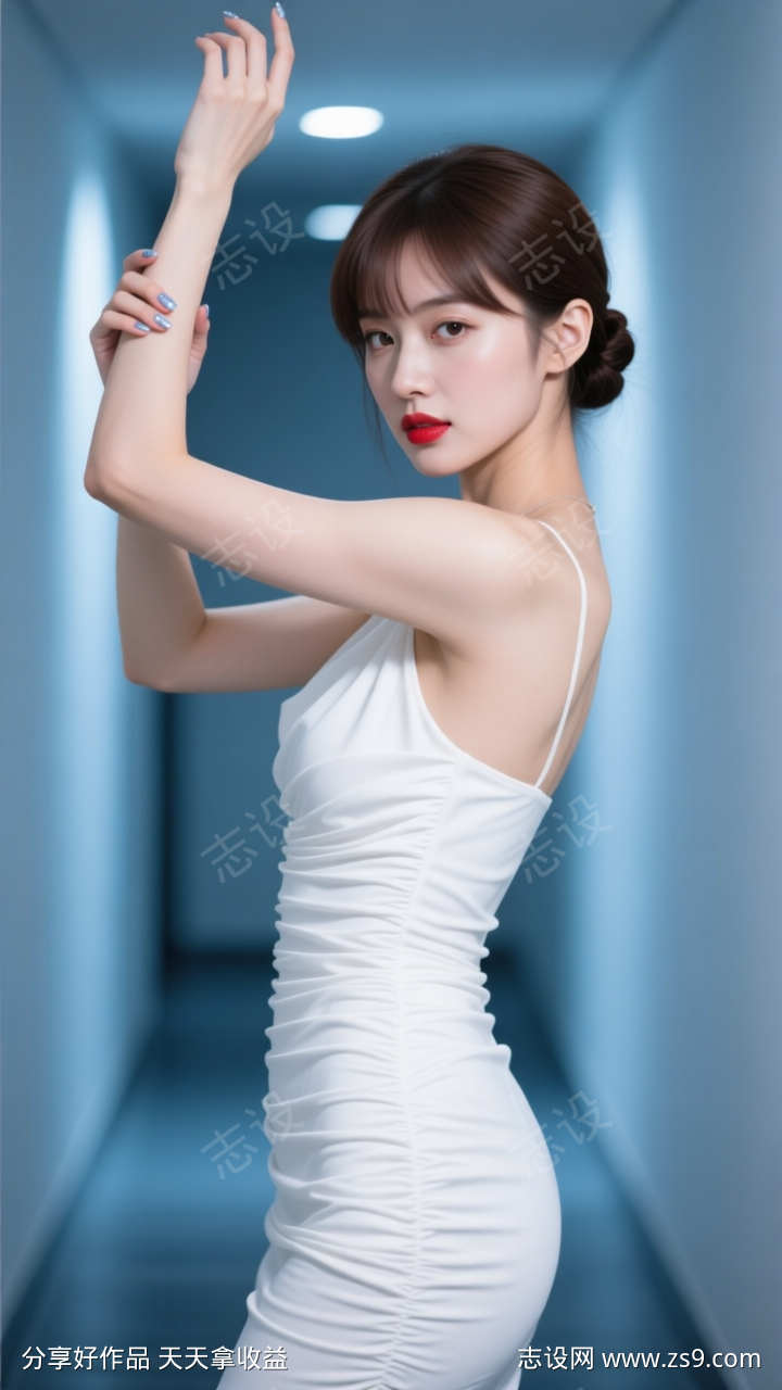 清新简约美女走廊侧身实拍摄影