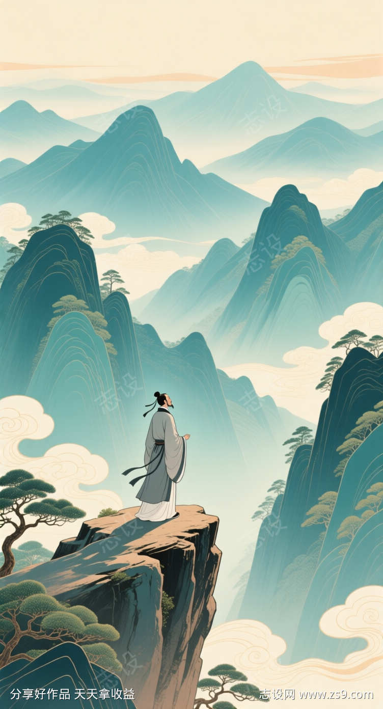 重阳节登高插画