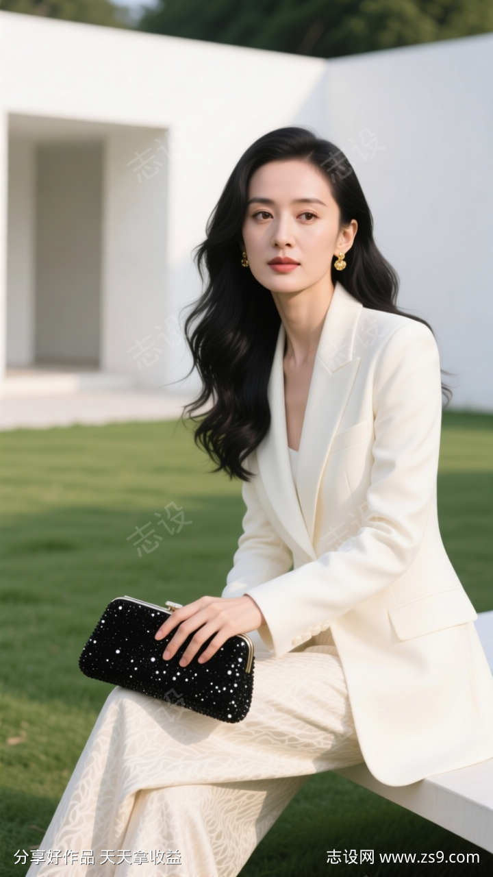 户外草地职业装坐姿美女模特