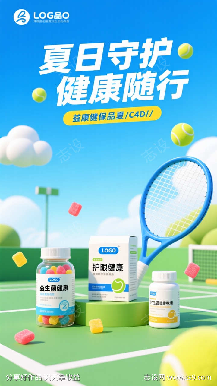 蓝色卡通保健品产品宣传海报