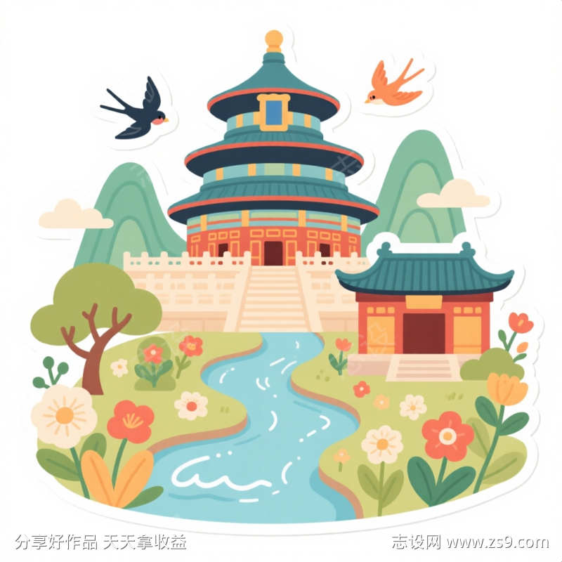 矢量风格插图中国古风贴纸