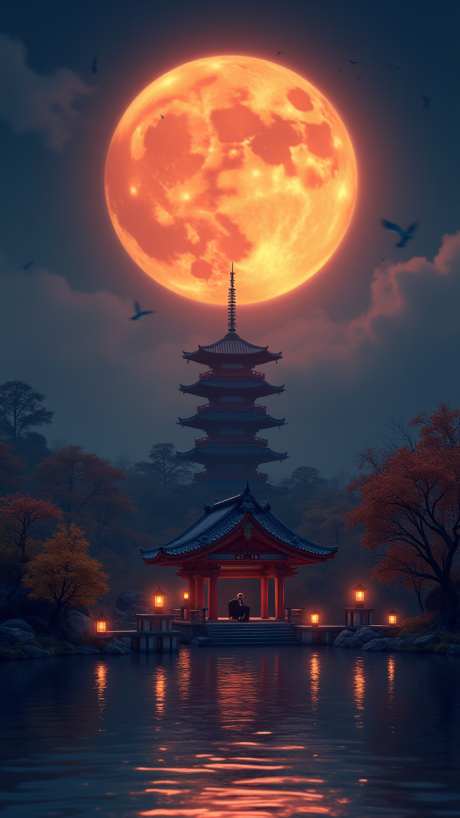 中秋节插画_AI图片下载_euler采样_720X1280像素-古楼,河边,亭子-作品编号:2025092808327092-志·设,网