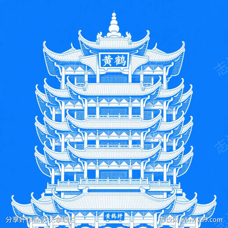 武汉钢笔线稿黄鹤楼插画