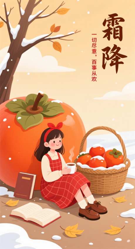 卡通创意霜降传统节气海报插画素材_AI图片下载_采样_752X1392像素-暖色系,饱满橙红,中国节气-作品编号:2025101011224699-志˙设ˌ网