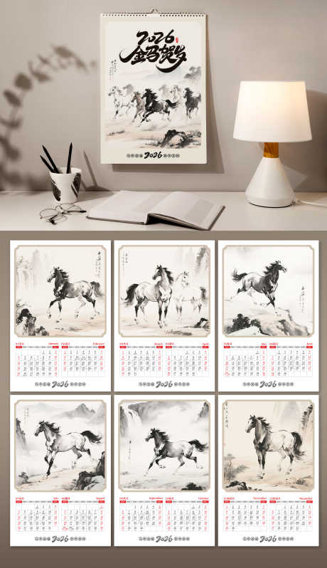 中国风水墨2026马年日历挂历台历_源文件下载_PSD格式_3000X5205像素-挂历,日历,马年-作品编号:2025101211224148-志˱设˰网