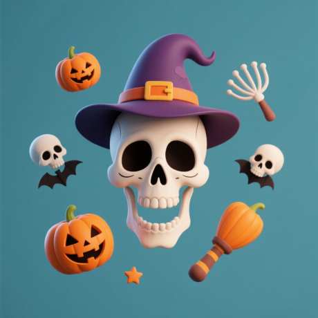 万圣节骷髅头元素_AI图片下载_采样_1024X1024像素-女巫帽,骷髅头,插画-作品编号:2025101308382569-志′设ˈ̹网