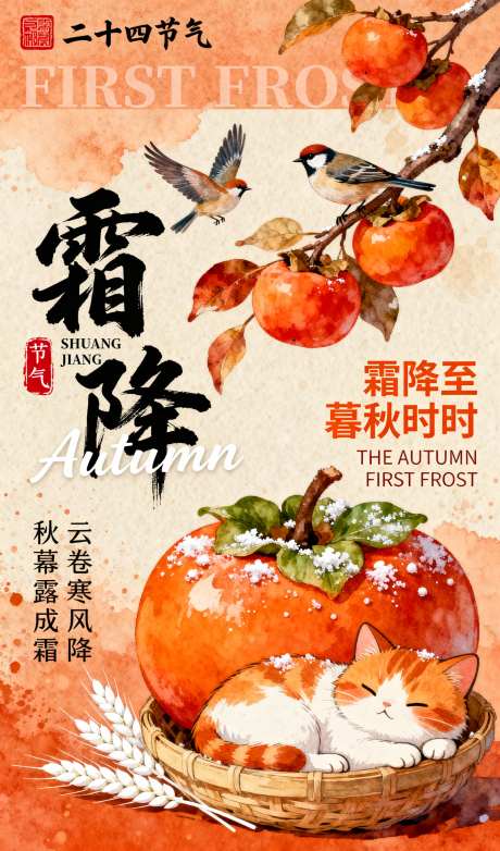 国潮二十四节气霜降节气插画海报_AI图片下载_采样_1152X2048像素-小猫,柿子,海报-作品编号:2025101308393521-志ˈ̹设˜网