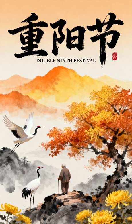 国潮山水画重阳节插画海报_AI图片下载_采样_1152X2048像素-插画,重阳节,山水画-作品编号:2025101308588924-志͵设ˉ网