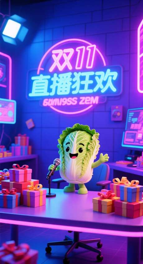 正在双11直播的白菜_AI图片下载_采样_752X1392像素-礼物,白菜,双十一-作品编号:2025101309375078-志.设˘网