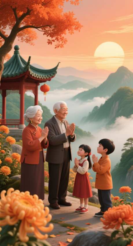 重阳登高望远_AI图片下载_采样_752X1392像素-夕阳,菊花,老人-作品编号:2025101310026537-志,设·网