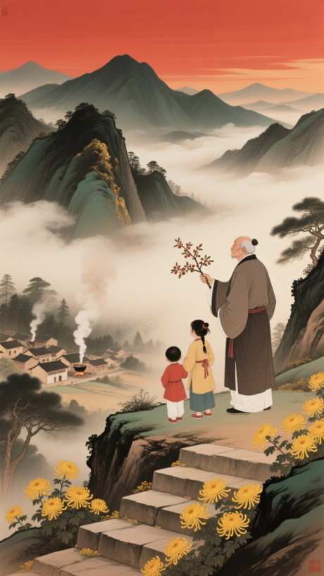 重阳节海报_AI图片下载_euler采样_720X1280像素-村落,菊花,小孩-作品编号:2025101313165480-志′设˘网