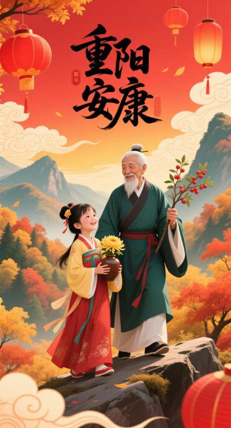 重阳安康插画_AI图片下载_采样_752X1392像素-灯笼,祥云,祖孙-作品编号:2025101314415480-志′设ˌ网