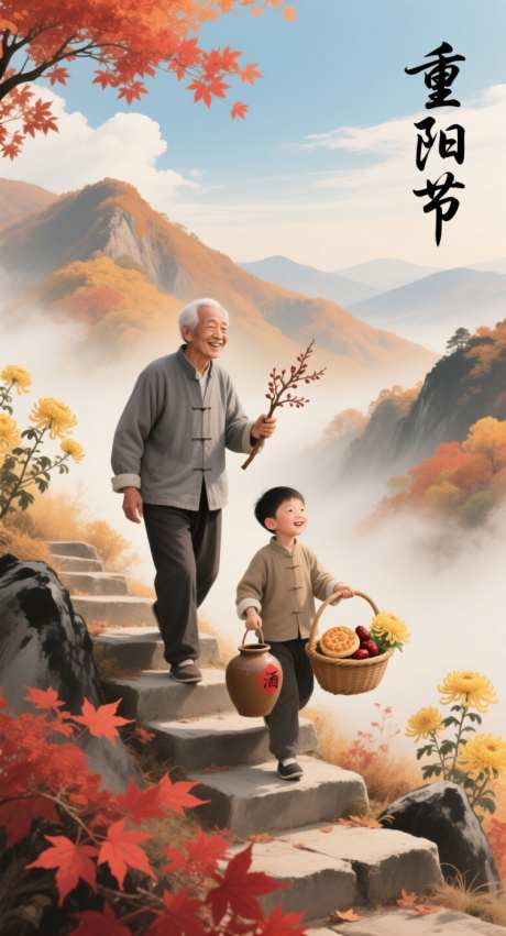 重阳节山水画_AI图片下载_采样_752X1392像素-重阳饼,竹篮,山峦-作品编号:2025101316128222-志‘设ˌ网