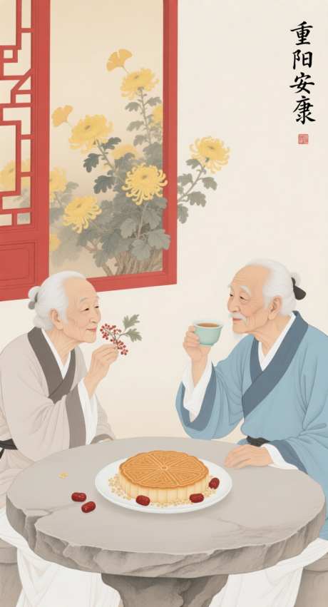 重阳节工笔绢本风插画_AI图片下载_采样_752X1392像素-重阳饼,石桌,老人-作品编号:2025101316126814-志ˆ设`网