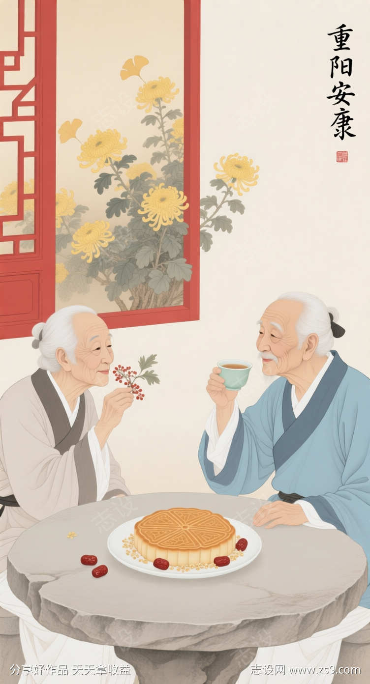 重阳节工笔绢本风插画