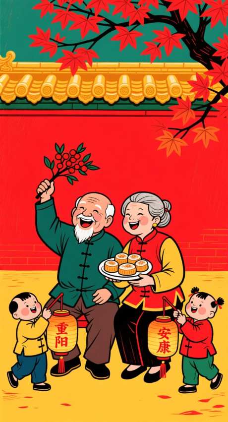 重阳传统木版年画_AI图片下载_采样_752X1392像素-夫妻,老年人,木板年画-作品编号:2025101316125439-志˜设‘网