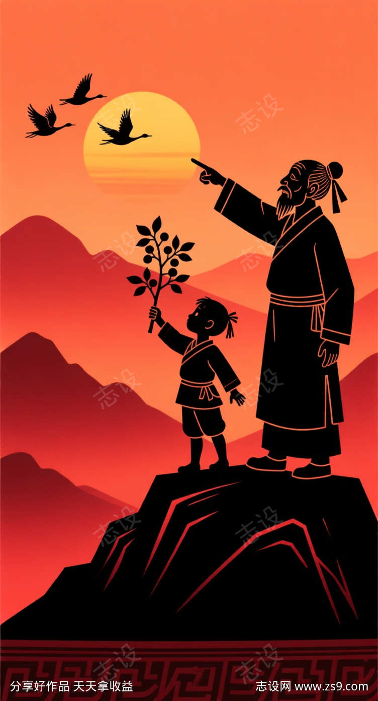 老人与孙辈在山顶登高