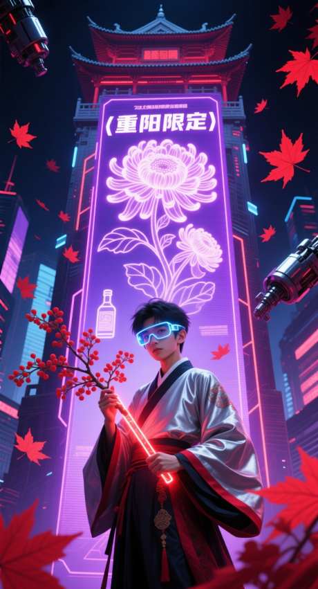 赛伯朋克风重阳插画_AI图片下载_采样_752X1392像素-酒吧,重阳节,菊花-作品编号:2025101316481357-志˜设‛ۛ网