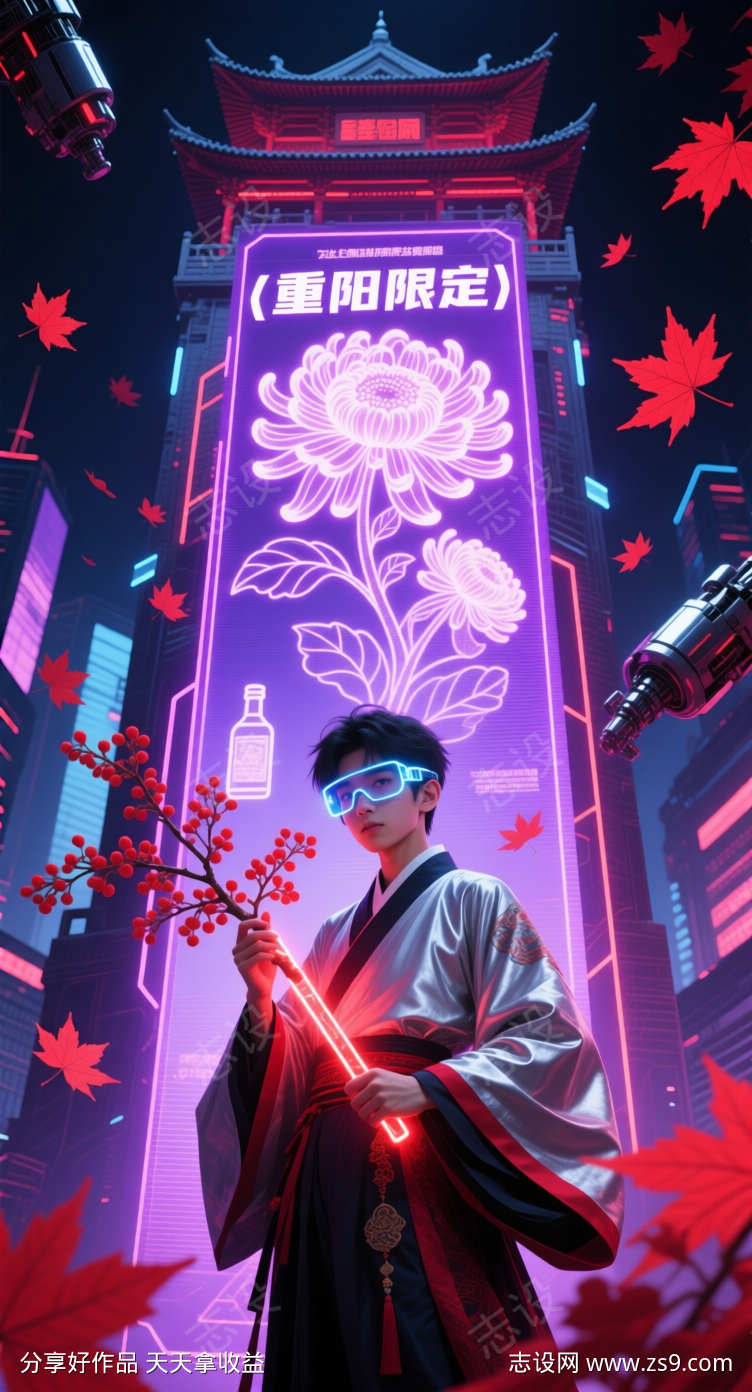 赛伯朋克风重阳插画