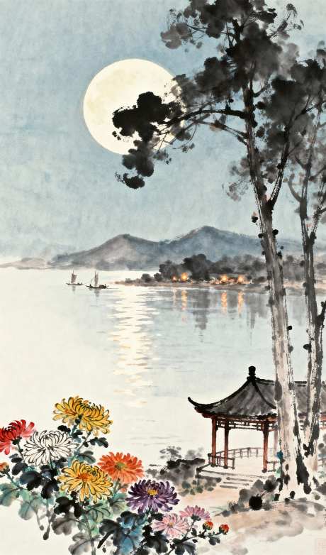水墨明月秋菊_AI图片下载_采样_1152X2048像素-亭子,湖面,国风-作品编号:2025101408349329-志·设ˌ网
